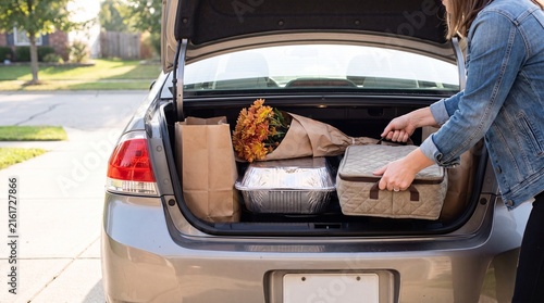 Woman packing car trunk with groceries, flowers and food for holiday