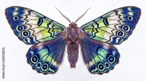 Vibrant blue green moth macro isolated white background detailed wing pattern symmetry natural insect wildlife specimen