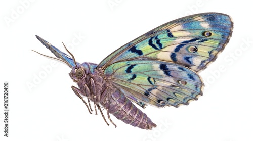 Vibrant iridescent tropical moth with detailed patterned wings isolated on pure white background macro studio view with fuzzy
