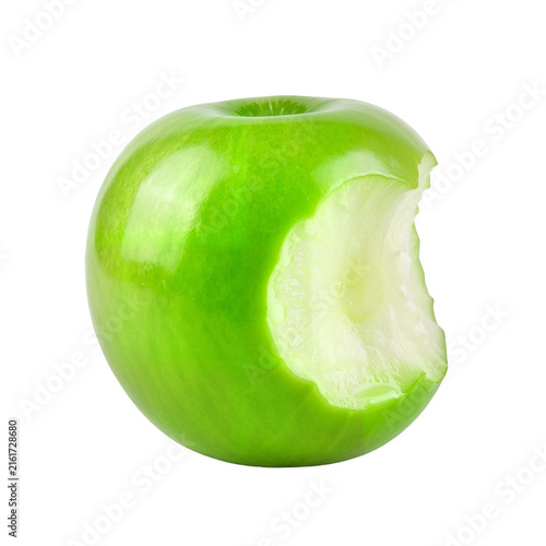 Green apple with a bite taken out, isolated on a white background  