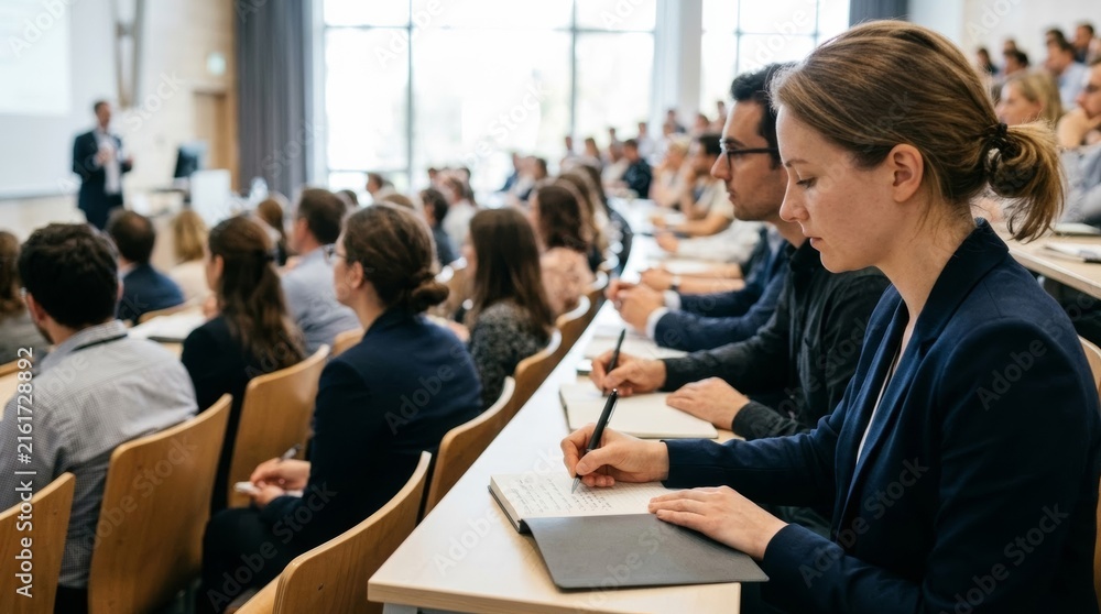 Obraz premium Students taking notes in notebooks during a modern lecture in a bright conference auditorium, focusing on learning and professional development.