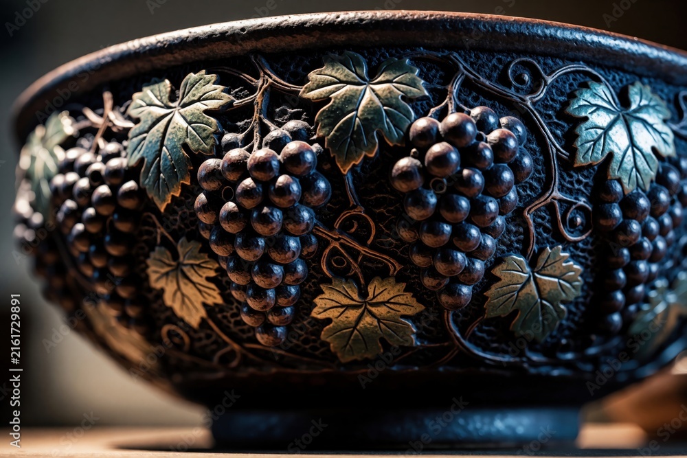 Naklejka premium Handmade ceramic bowl with raised grape design, green leaves. Dark pottery piece features textured fruit pattern for decor. Traditional artisanal craft shows grapevines, harvest theme. Rustic