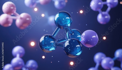 3D render of abstract blue molecular structures with bokeh lights on dark background
