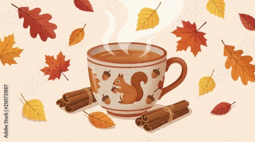 Tea cup with steam surrounded by fallen leaves and cinnamon stick. Cozy autumn illustration with squirrel pattern. Seasonal warm beverage theme for fall atmosphere and nature aesthetic.