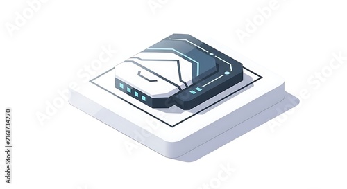 Futuristic isometric microchip processor module representing advanced digital computing hardware