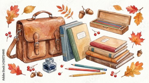 Watercolor illustration of school supplies with autumn foliage. Leather satchel, stack of books, pencil box, and pencils on white background. Education supplies for back to school season.