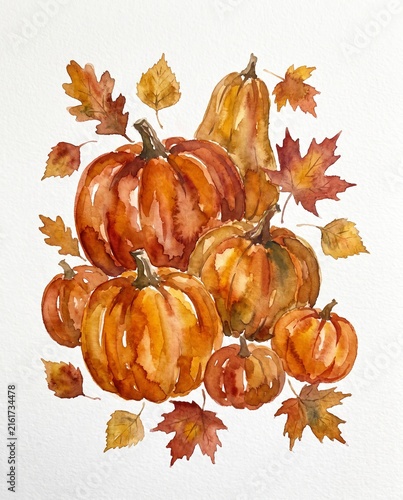 Watercolor painting of pumpkins and autumn leaves. Illustration of harvest vegetables with foliage. Seasonal art for Thanksgiving and Halloween decoration and greeting card design.