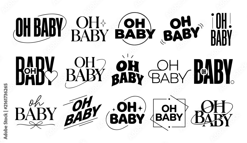 Obraz premium Collection of various black and white typography designs featuring the phrase oh baby for baby shower invitations and decorations