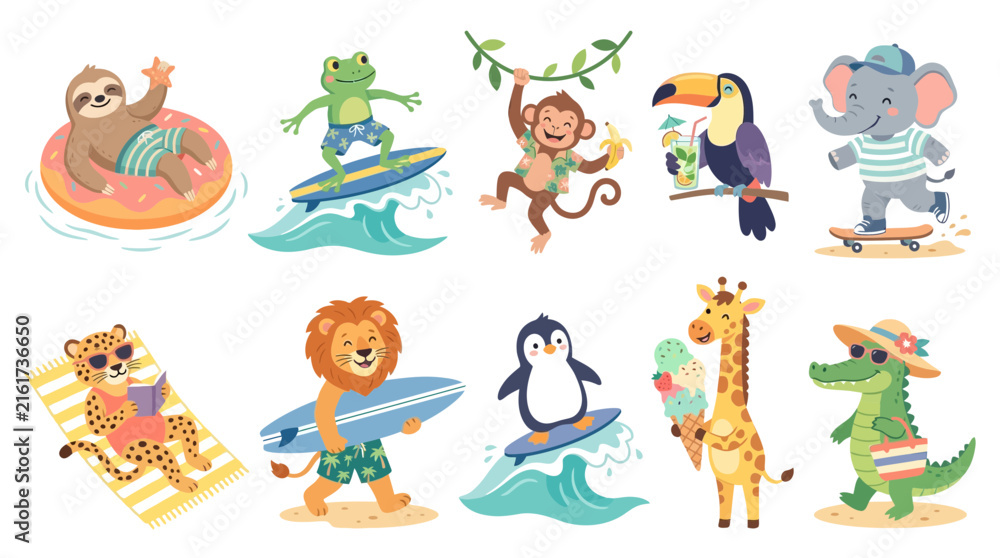Obraz premium Set of cute tropical animals on vacation including a sloth frog monkey toucan elephant leopard lion penguin and giraffe
