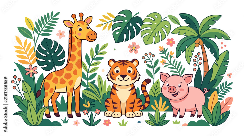 Naklejka premium Cute cartoon giraffe tiger and pig with tropical leaves and palm tree elements isolated on a transparent background