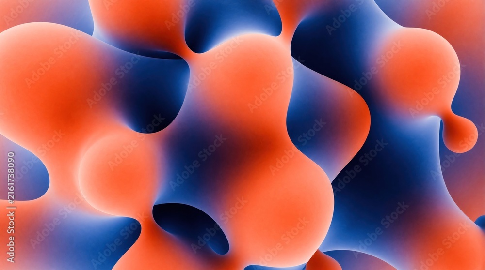Fototapeta premium Abstract background with orange, blue organic liquid shapes. Vibrant gradient textures create futuristic 3D flow effect. Modern geometric pattern with smooth glowing blobs for digital tech wallpaper,