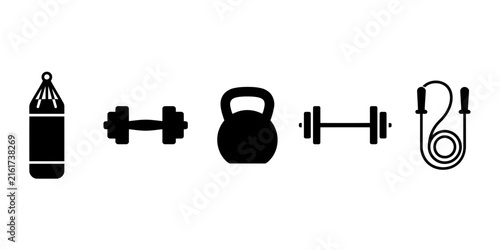Black fitness equipment icons set with dumbbells and kettlebell