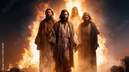 Shadrach, Meshach and Abednego standing unharmed in the fiery furnace beside a radiant fourth figure.