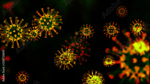 Canvastavla Glowing viral cells and microorganisms against a dark background