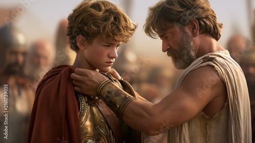 Young David removing King Saul's armor before facing Goliath, choosing faith in God over human protection.