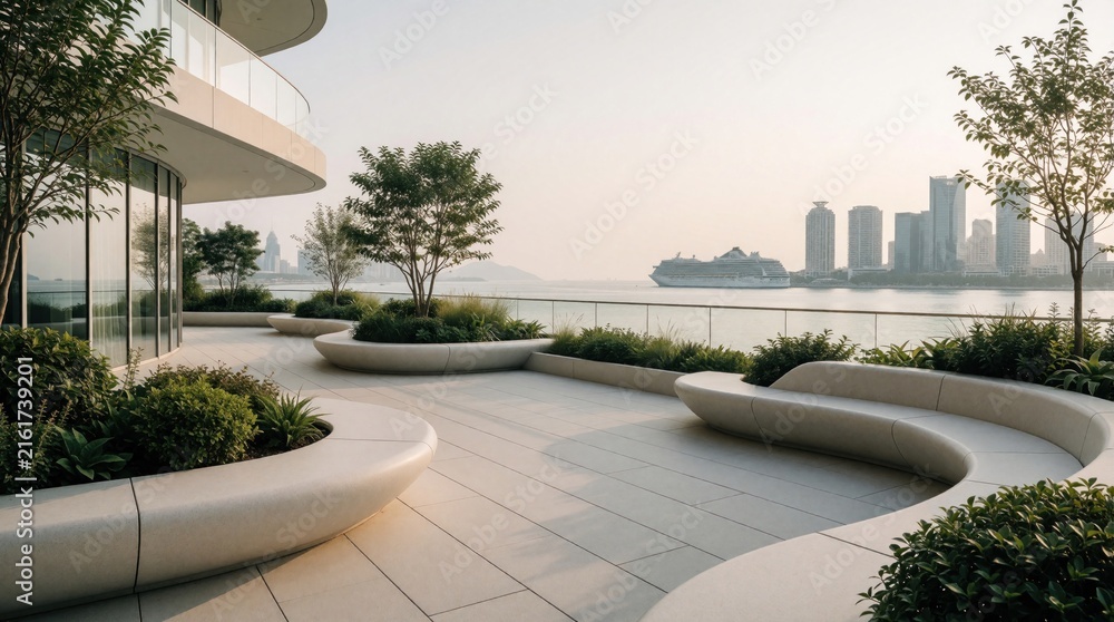 Fototapeta premium Modern patio with curved seating overlooks bay cityscape with cruise ship. Minimalist landscaping and contemporary architecture blend with serene water views.