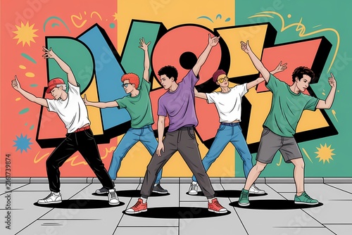 Group of young men dancing hiphop street dance against a colorful graffiti style wall in urban city