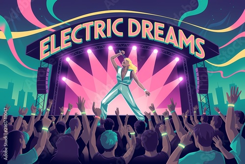 A vibrant digital illustration depicting a energetic live music concert performance with a singer on stage before a cheering crowd under colorful spotlight beams