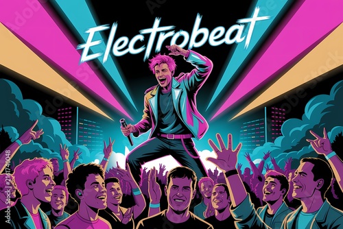 Dynamic illustration of a vibrant electronic music concert with a lead singer performing for an excited crowd