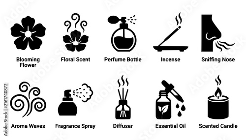 Floral Aroma Perfume Incense and Scent Solid Vector Icon Set
