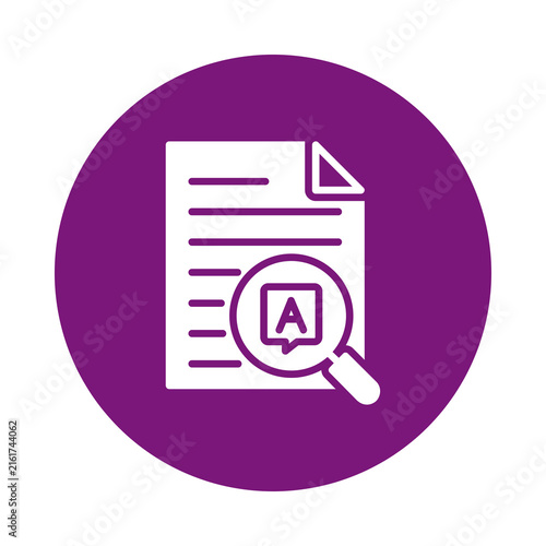 Modern purple circle icon representing document text content analysis and language review with a magnifying glass showing letter A transparent background