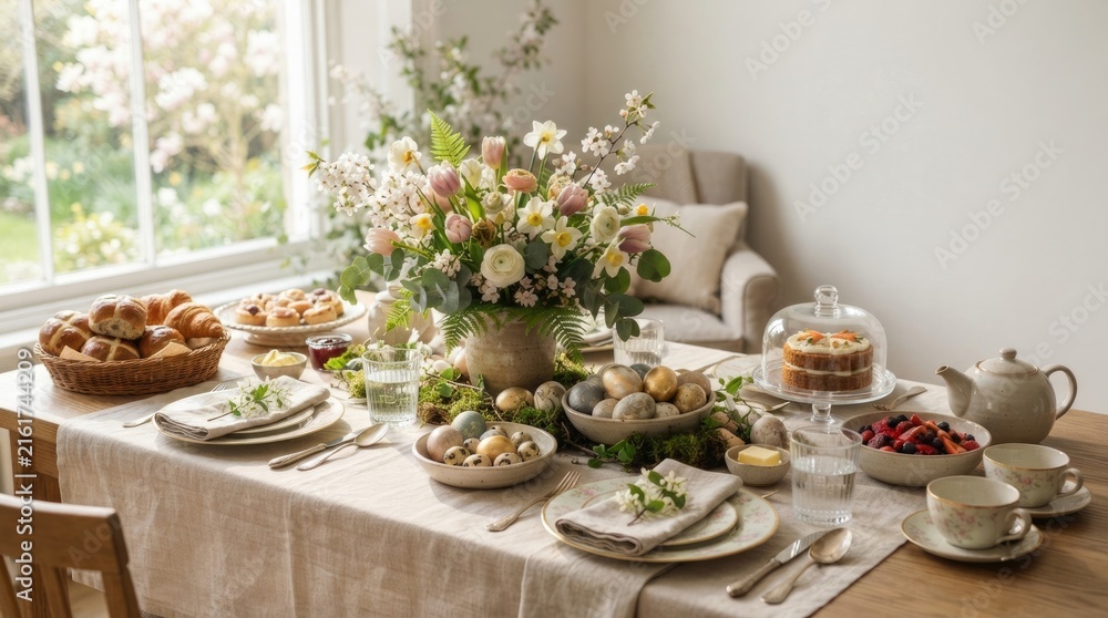 Fototapeta premium Beautiful Easter Brunch Table with Spring Flowers Decorated Eggs and Fresh Pastries