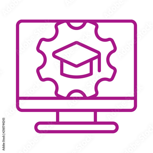 Online education learning management system settings icon with graduation cap and computer monitor display transparent background
