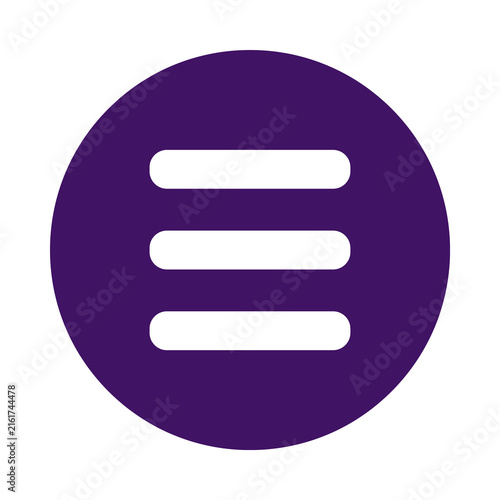 Modern user interface hamburger menu icon representing navigation options in a purple circle with white horizontal bars for digital applications transparent background