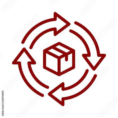 Red outline icon illustrating a continuous delivery and return process for modern business logistics operations transparent background