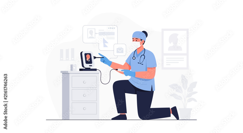 Fototapeta premium Medical Professional Performing a Visual Examination Using Diagnostic Technology Illustration