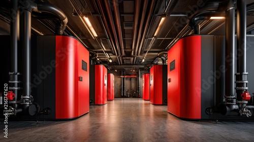 Obraz na płótnie Symmetrical view of a boiler room with red gas boilers and organized piping, showcasing industrial heating technology. Suitable for energy and infrastructure concepts.