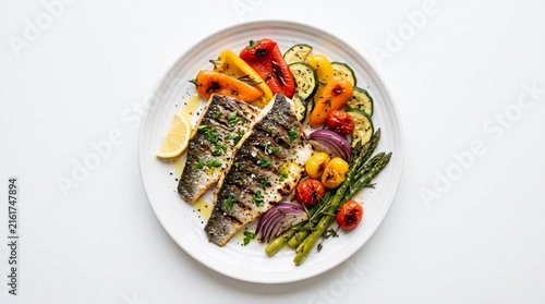 Grilled Sea Bass Fillets with Colorful Roasted Vegetables and Lemon Slice on White Plate