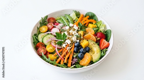 Vibrant Fresh Salad Bowl Packed with Colorful Fruits Vegetables and Feta Cheese on White Background
