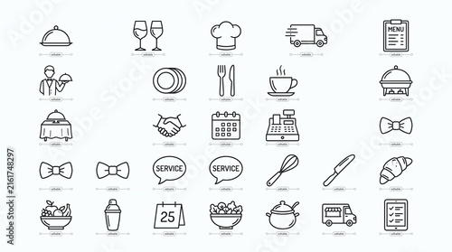 Line‑style catering and hospitality icons: food service, chef, waiter, drinks, delivery, events, and essentials in clean minimal grid design.
