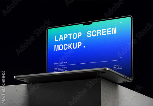 Laptop Mockup on Concrete Block, Brutalism Architectural Technology Scene