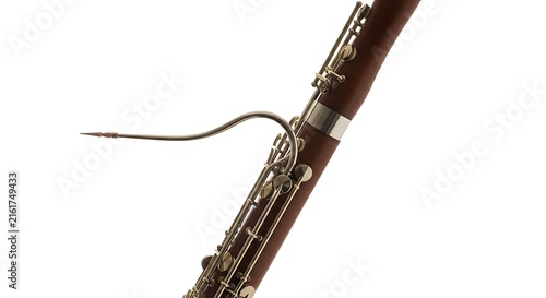 Close up detail view of professional bassoon woodwind instrument
