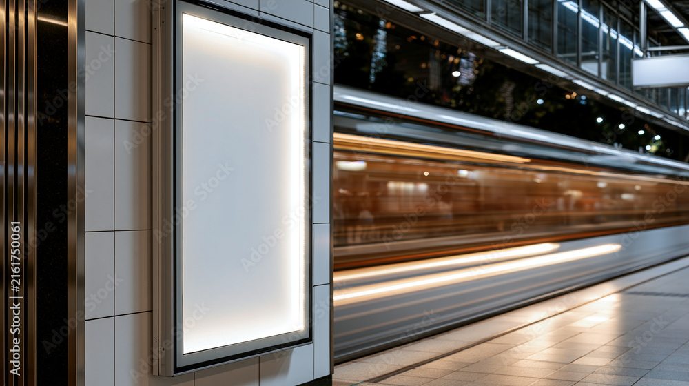 Fototapeta premium Blank movie poster mockup in a slim frame glowing on a bright wall inside a modern metro environment soft motion blur of a passing train reflected faintly on the tiled floor