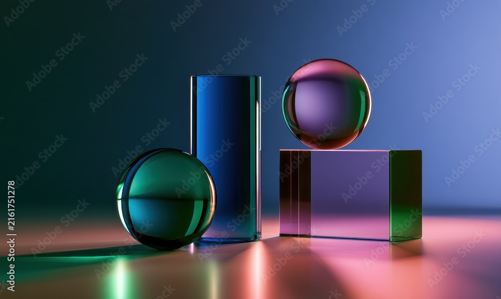Minimalist arrangement of transparent geometric objects