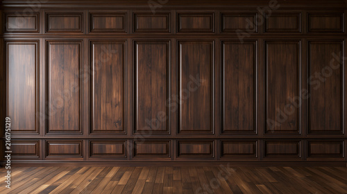 Dark wood wall paneling features classic boiserie design and rich textures in soft lighting. Elegant interior background for luxury office or vintage home decor.