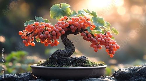 Bonsai tree with red fruit in decorative pot