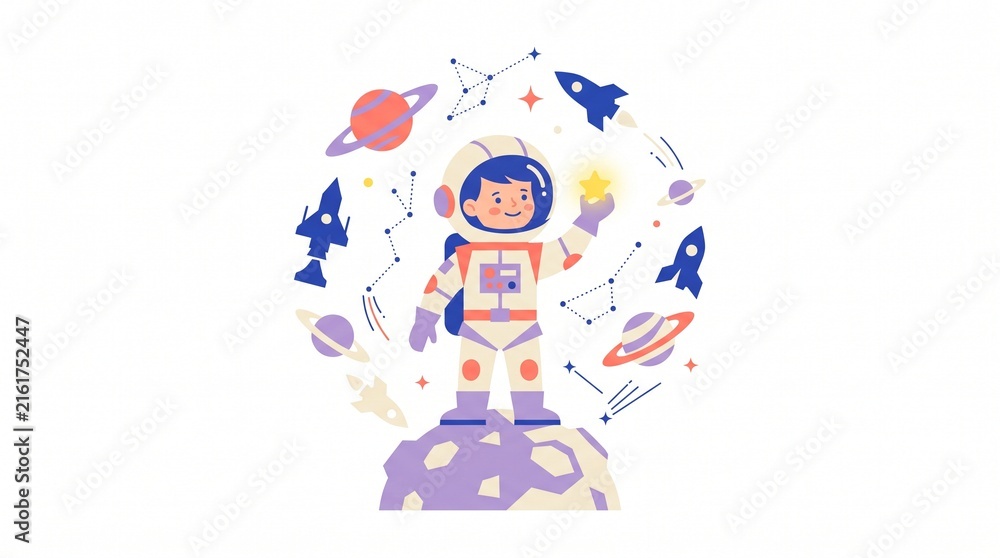 Naklejka premium Premium Children's Day vector illustration of a child astronaut exploring space, symbolizing dreams, ambition, creativity and limitless imagination