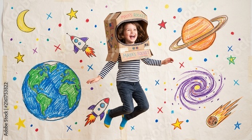 Little astronaut jumping with planets and stars in the background