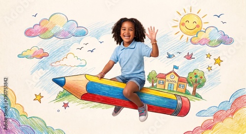 Child Riding A Pencil Through A Colorful Dreamy Sky