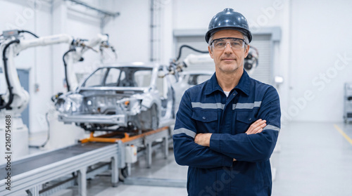 Professional confident worker standing in assembly line factory with proud emotion feeling satisfied in industrial manufacturing plant