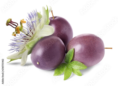 Fresh passion fruits, flower and leaf isolated on white