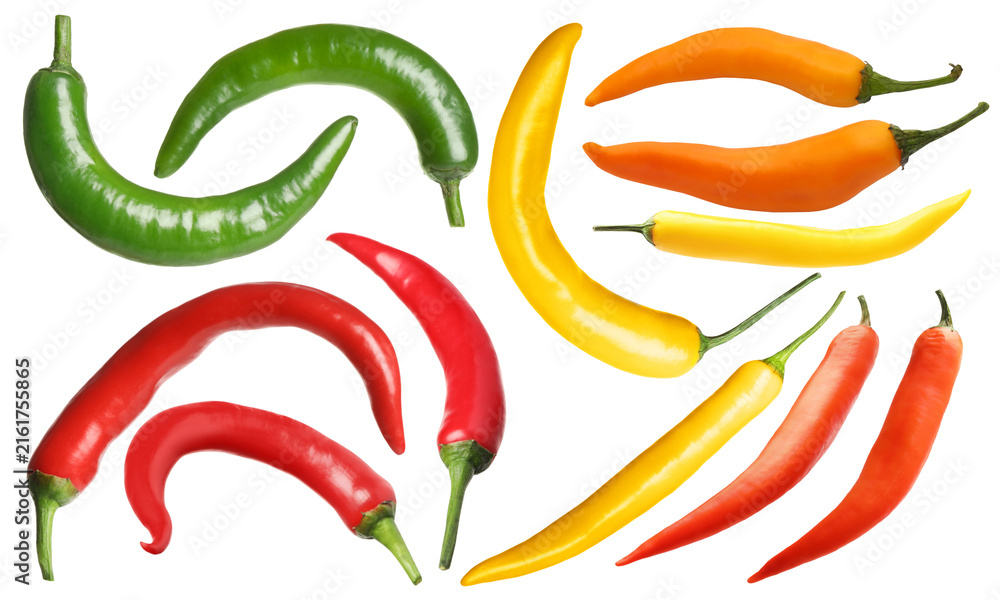 Fototapeta premium Chili peppers in different colors on transparent background