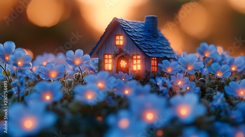 Miniature house in flower field