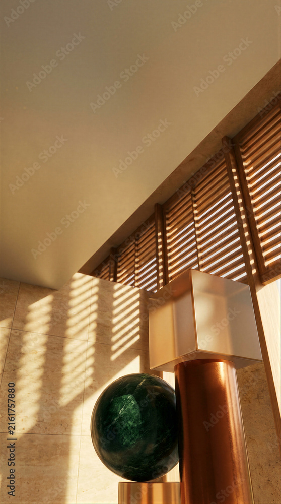 Fototapeta premium Modern corporate lobby interior with sculptural green stone sphere and geometric copper column beneath wooden blinds. Architectural design, luxury office, warm natural lighting