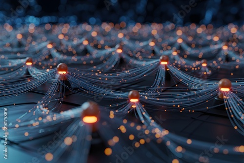 Abstract technology network connection with glowing nodes and fiber optics