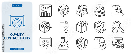 Quality control line icon set, including inspection, certification, product testing, and logistics verification symbols